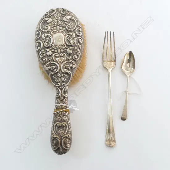 VICTORIAN SILVER EMBOSSED VANITY BRUSH + GEO.III SILVER FORK & TEASPOON