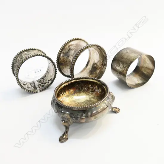 ENGLISH SILVER EMBOSSED SALT + NAPKIN RING & 2 DUTCH SILVER NAPKIN RINGS. 175gms