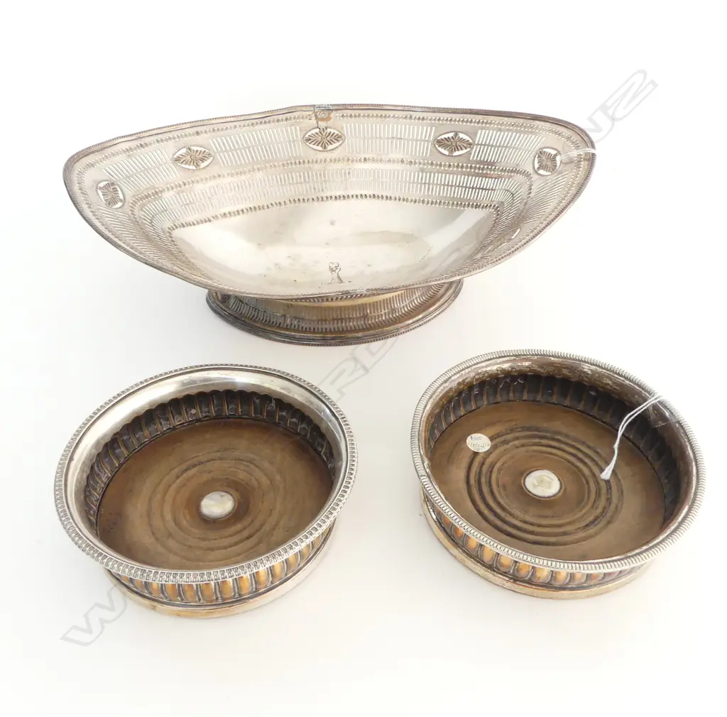 TWO 19thC SHEFFIELD PLATE COASTERS w turned base & OPEN WORK BASKET (FAULTS) Image 1++