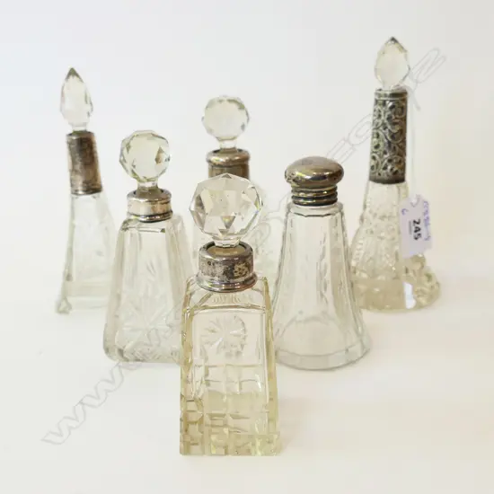 6 CRYSTAL PERFUME BOTTLES w. STG TRIM H.155mm 1 AF