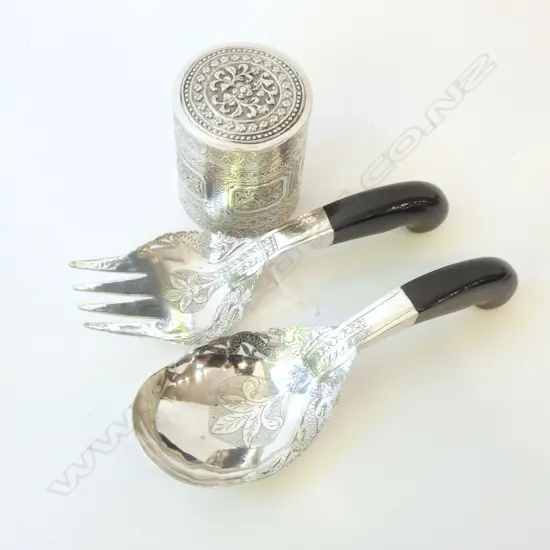 PR MALAYSIAN 800 SILVER SALAD SERVERS, MOHD SALLEH & SONS + LIDDED CONTAINER H.90mm, 120gms