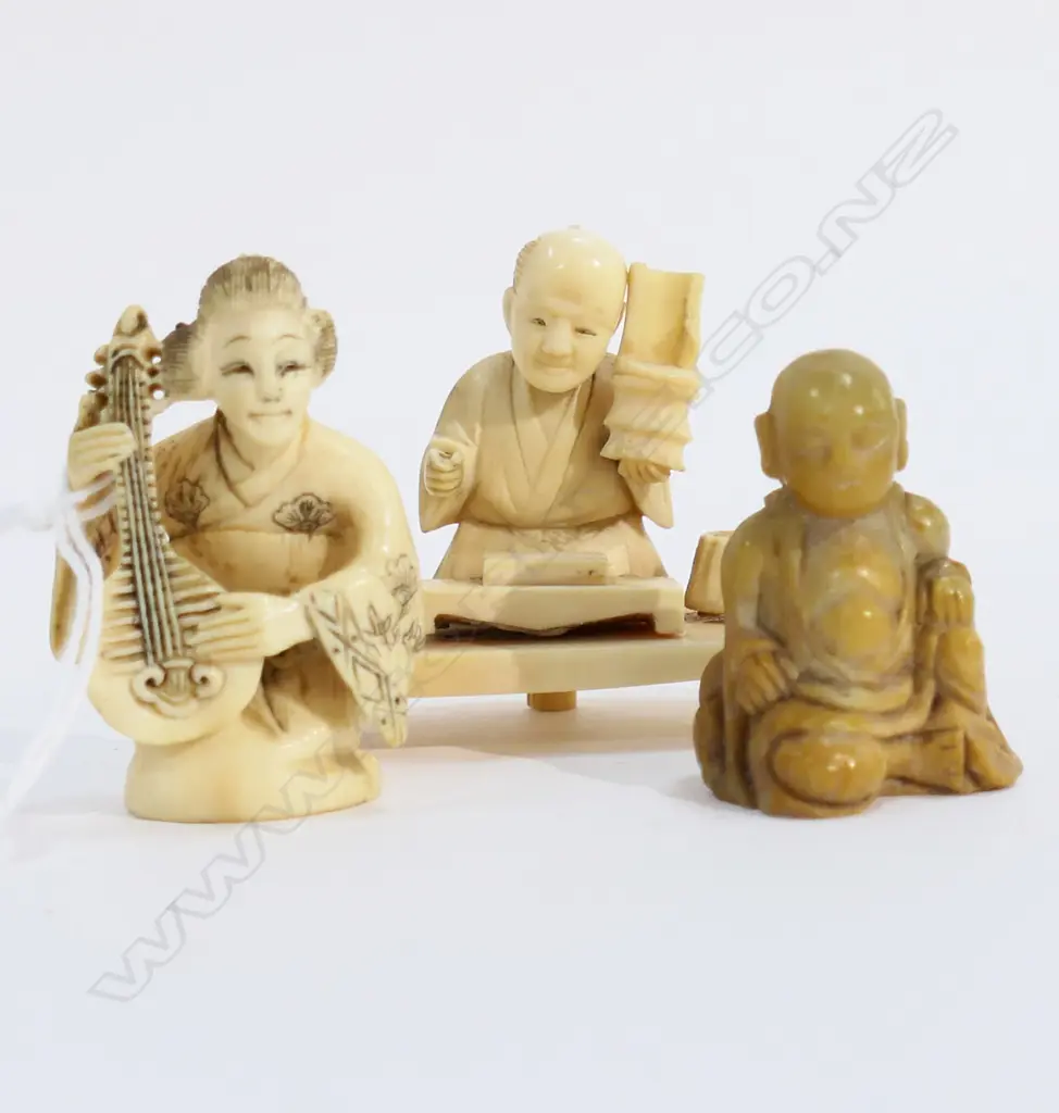 2 JAPANESE CARVED IVORY NETSUKE; MAN & WOMAN H.45mm + CARVED STONE FIGURE Image 1++