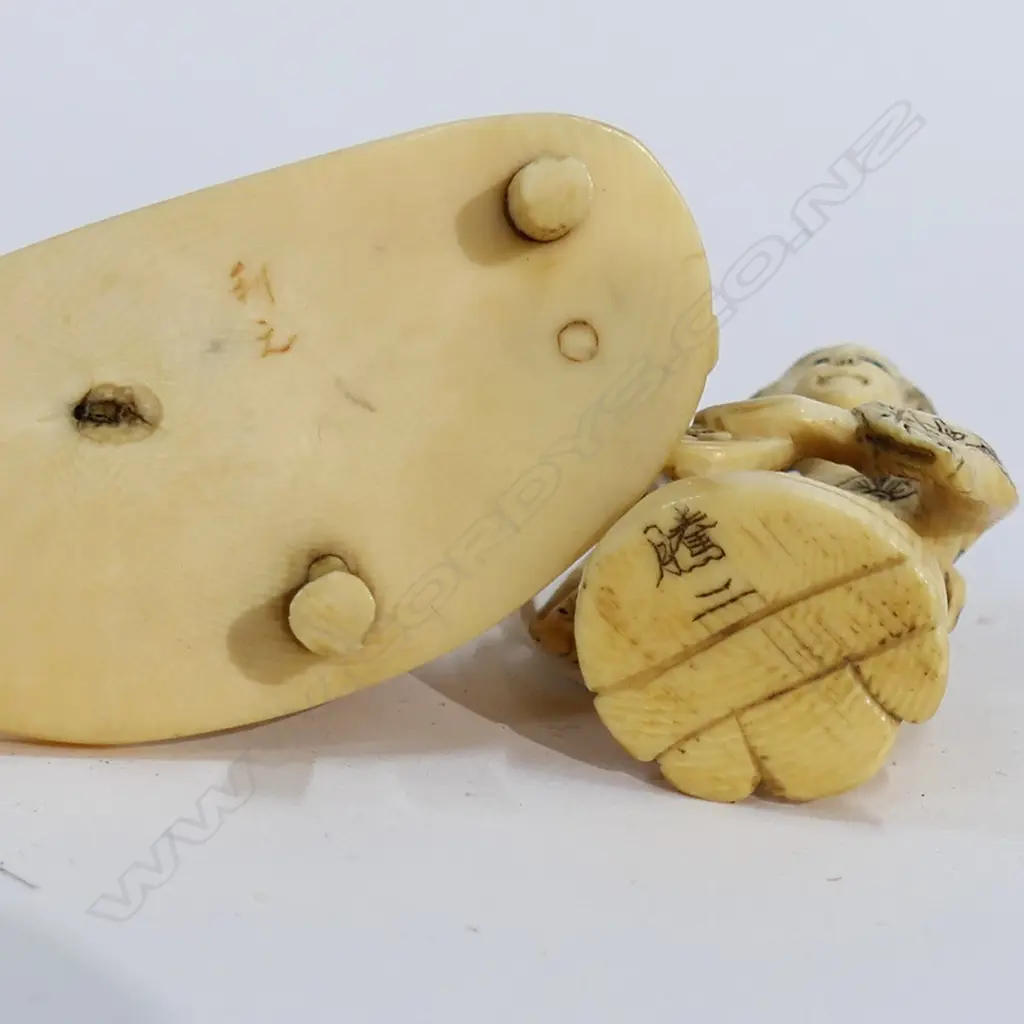2 JAPANESE CARVED IVORY NETSUKE; MAN & WOMAN H.45mm + CARVED STONE FIGURE Image 1++
