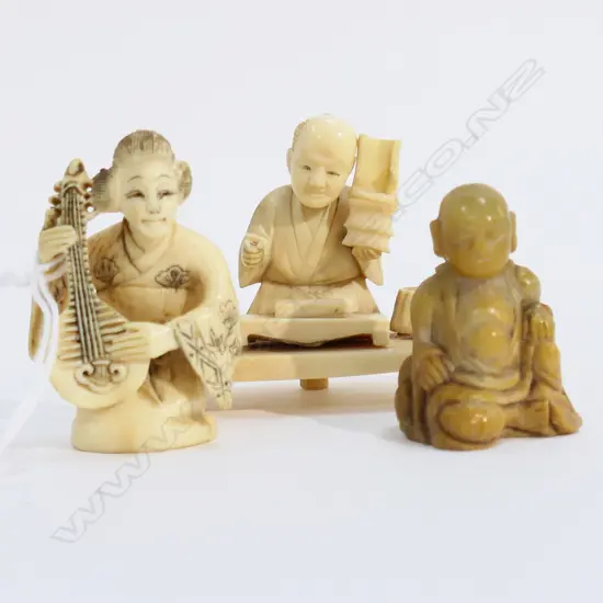 2 JAPANESE CARVED IVORY NETSUKE; MAN & WOMAN H.45mm + CARVED STONE FIGURE