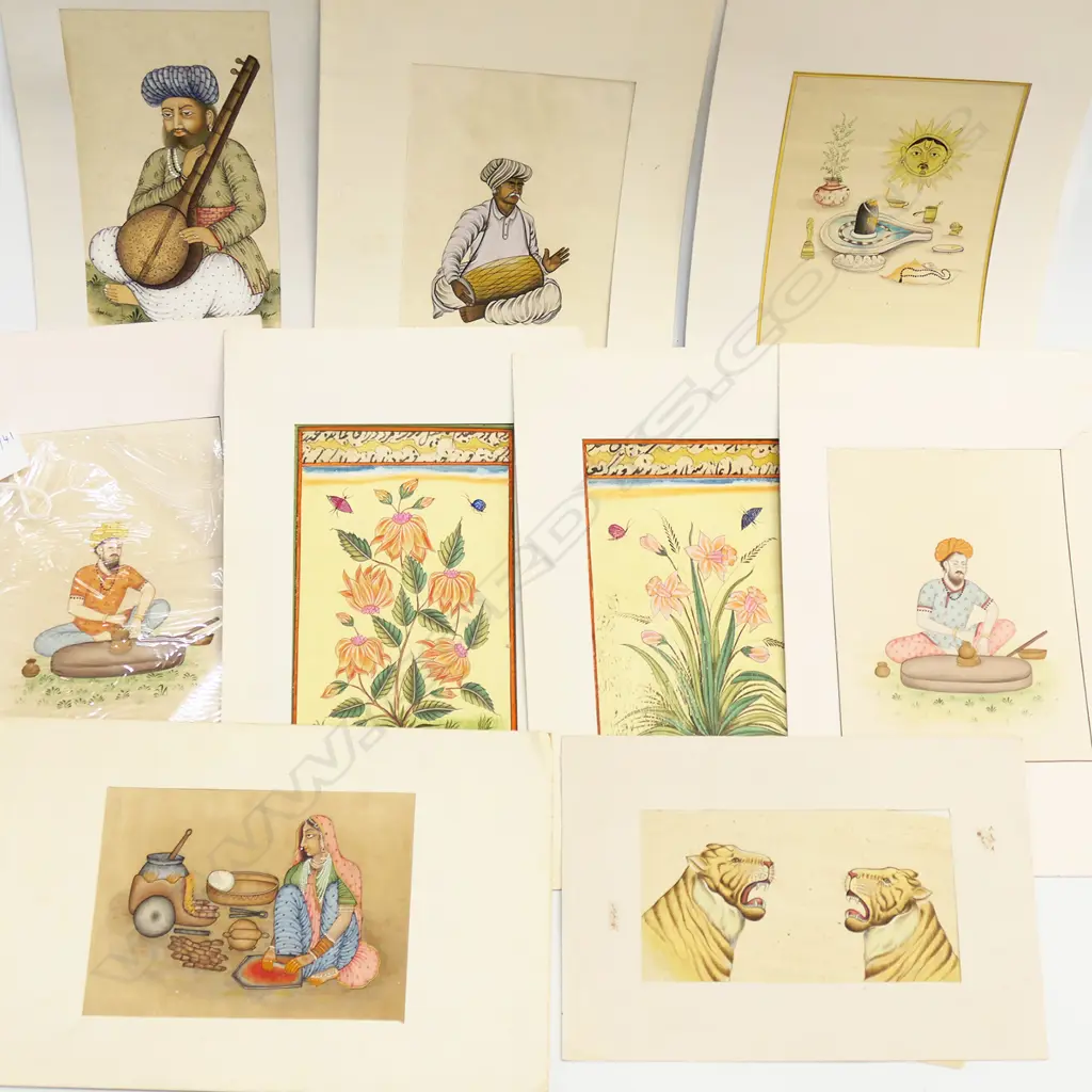 9 INDIAN / PERSIAN MINIATURES; FIGURES, FLOWERS, ANIMALS ETC 180x110mm Image 1++