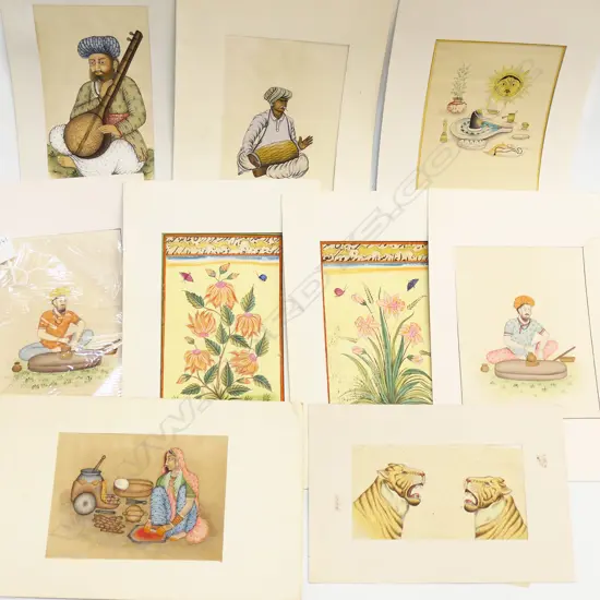 9 INDIAN / PERSIAN MINIATURES; FIGURES, FLOWERS, ANIMALS ETC 180x110mm