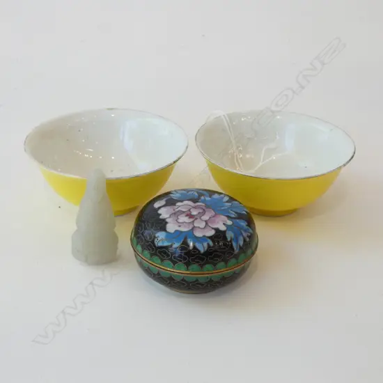 PR CHINESE YELLOW CUPS 80mm dia + CLOISONNE LIDDED CONTAINER & JADE PENDANT H.40mm