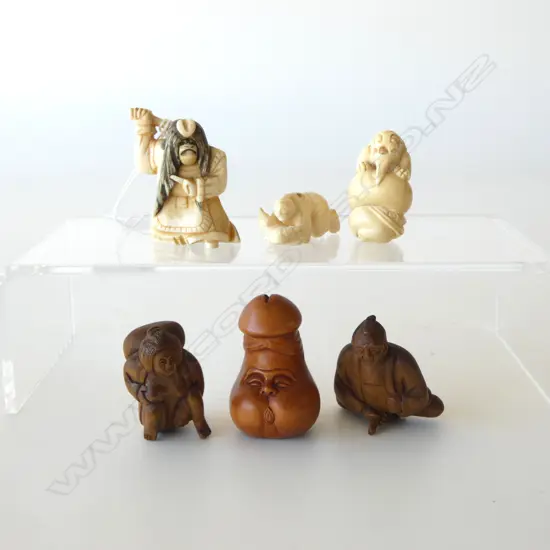 5 NETSUKE; 2 WOODEN: EROTIC COUPLE & OTHER H.50mm