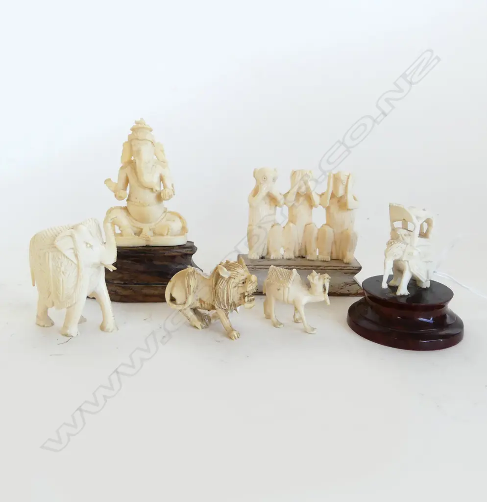6 CARVED IVORY ANIMALS H.90mm lion leg AF Image 1++