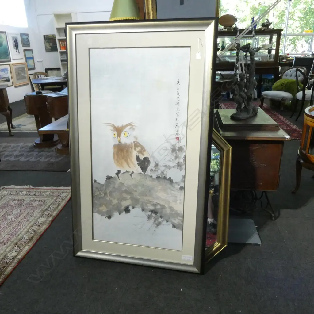 LGE HONG by KONG ARTIST ZHAO SHIGUANG OWL on BRANCH 1160 X 560mm framed under glass Image 1++