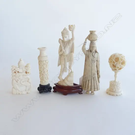 5 PCES ASST. IVORY; 2 INDIAN, PUZZLE BALL, SNUFF BOTTLE & VASE H.130mm