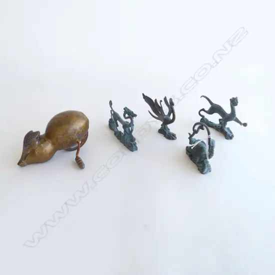 4 ORIENTAL BRONZES + METAL WINDING TOOL L.120mm