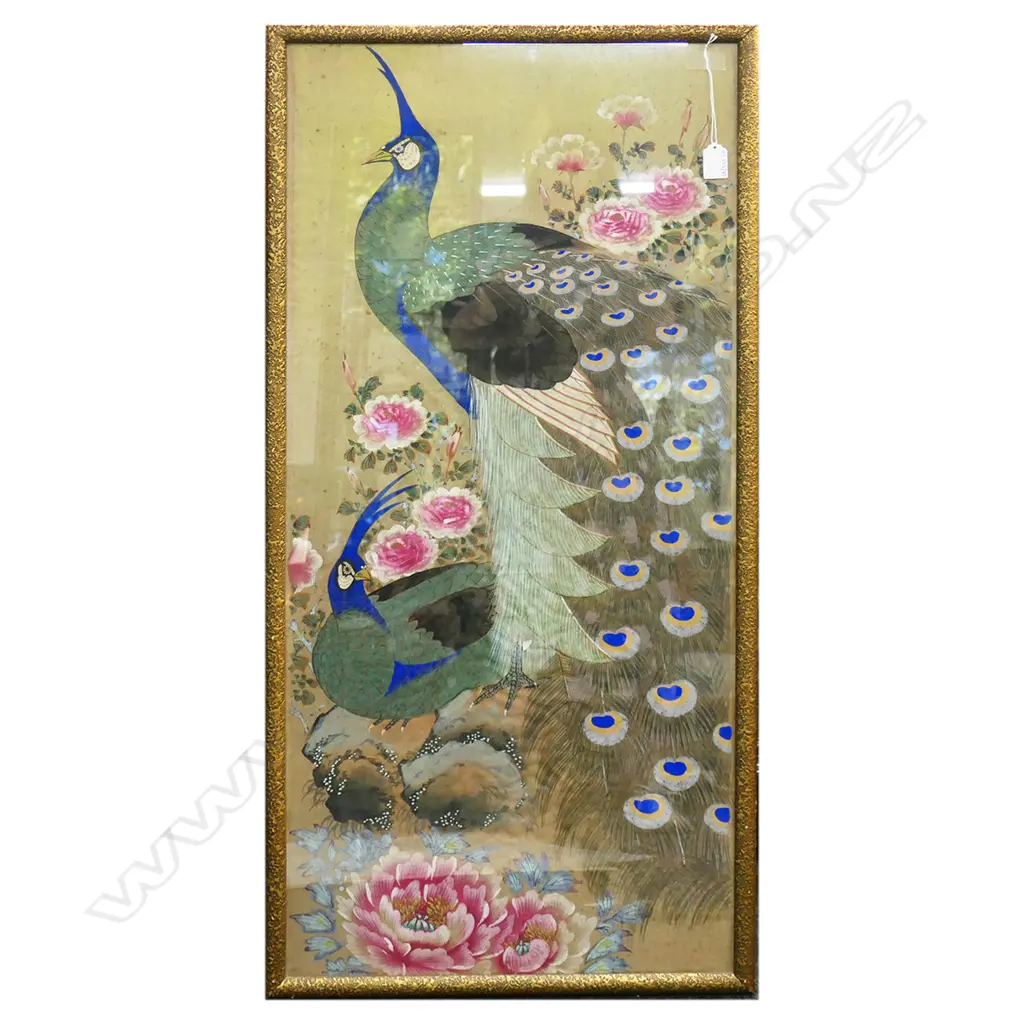ORIENTAL W/C PEACOCKS ON SILK H1000  W480MM Image 1++