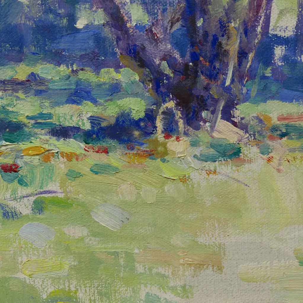 IAN BROWN 'THE OLD PLUM TREE', OIL ON BOARD, SIGNED, ENTITLED TO REVERSE, 490 x 590mm Image 1++