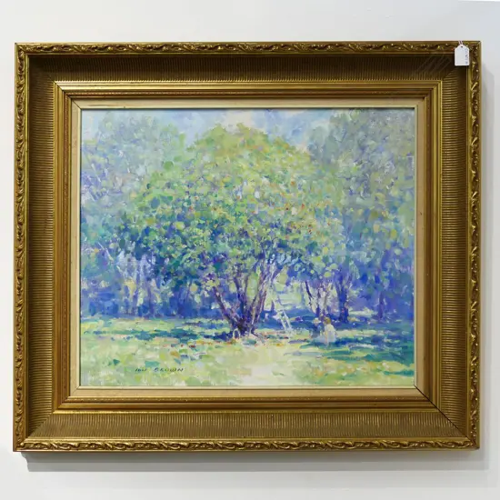 IAN BROWN 'THE OLD PLUM TREE', OIL ON BOARD, SIGNED, ENTITLED TO REVERSE, 490 x 590mm