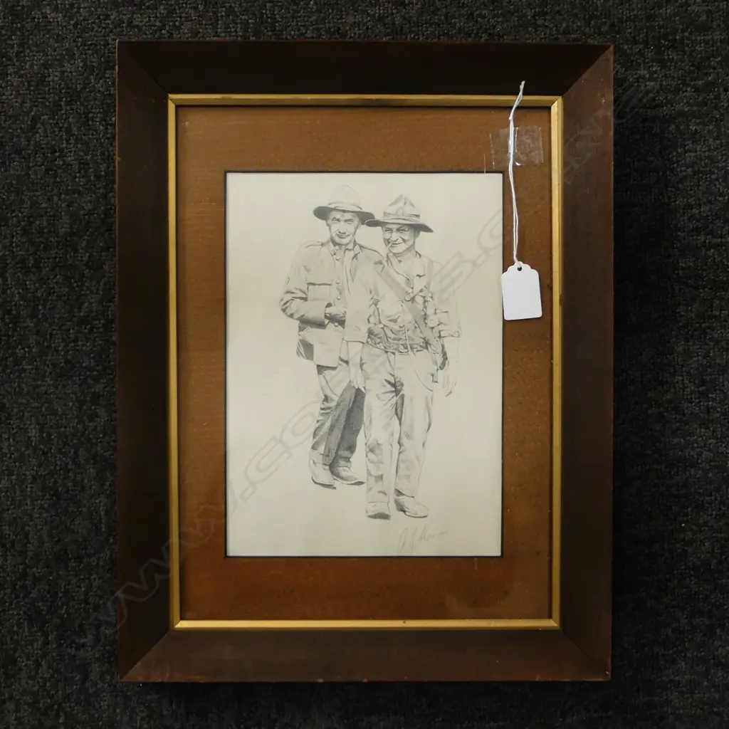 SIGNED PENCIL DRAWING OF 2 SOLDIERS 245x175mm Image 1++