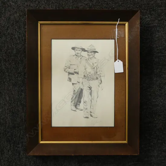SIGNED PENCIL DRAWING OF 2 SOLDIERS 245x175mm