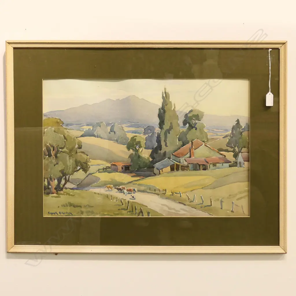 GWYNETH RICHARDSON (1896-1980), LANDSCAPE LOOKING TOWARDS MAUNGATAUTARI MT, WC 365x550mm Image 1++
