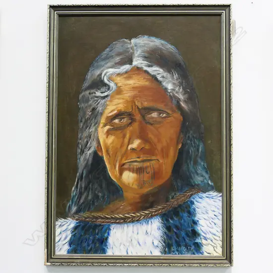 I. SHANDLEY, PORTRAIT OF MAORI WOMAN, ACRYLIC ON BOARD 500x340mm