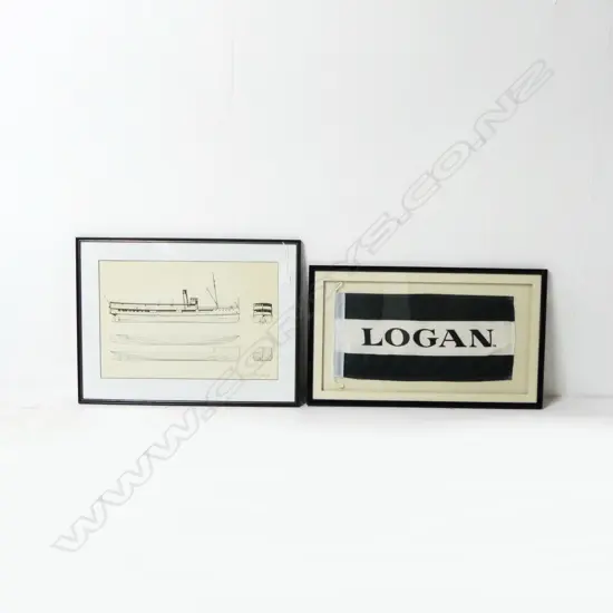FRAMED TECHNICAL DRAWING PRINT 'S.S. EARNSLAW' 410x620mm + FRAMED FLAG 'LOGAN'