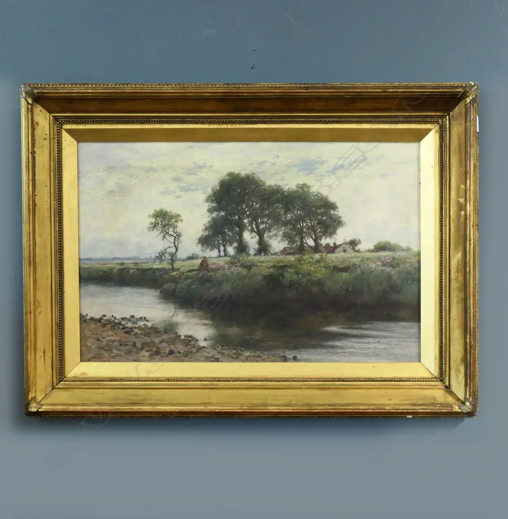 JOSIAH CLINTON JONES (Welsh 1848-1936)  RURAL LANDSCAPE w. RIVER, OIL ON CANVAS, 445x700mm Image 1++