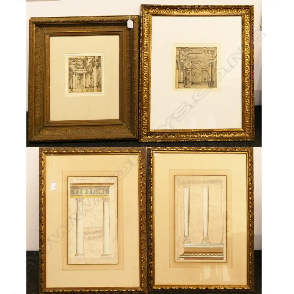 4 ARCHITECTURAL PRINTS IN GOLD FRAMES 370x220mm 2 w. foxing Image 1++