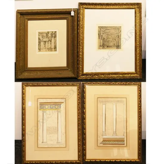 4 ARCHITECTURAL PRINTS IN GOLD FRAMES 370x220mm 2 w. foxing
