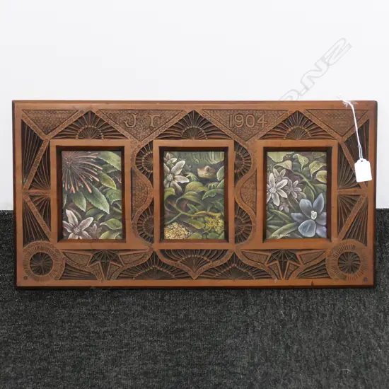 BRUCE RICKARD TRYPTIC OIL ON BOARD IN CHIP CARVED FRAME 'J.T 1904' 140x95mm / 300x580mm