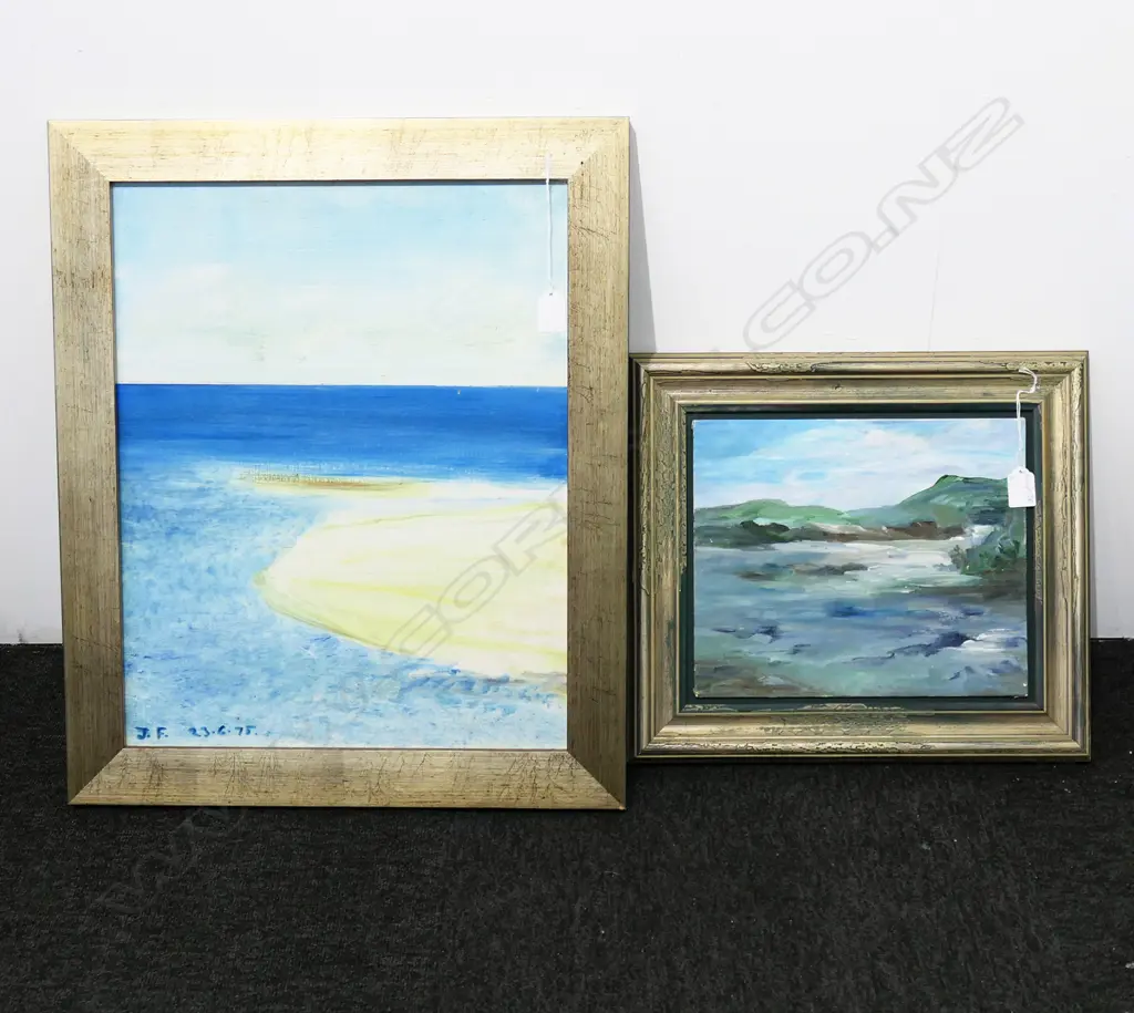 2 LANDSCAPES, ACRYLIC ON BOARD, 1 SIGNED J.F. 23.6.75 490x330mm Image 1++