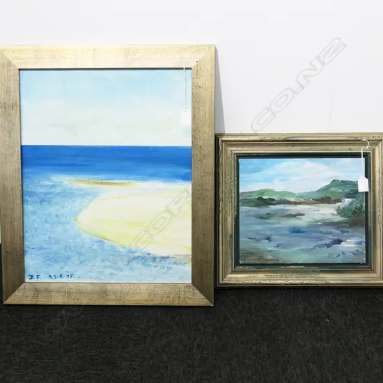 2 LANDSCAPES, ACRYLIC ON BOARD, 1 SIGNED J.F. 23.6.75 490x330mm