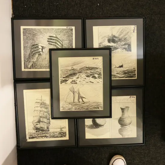 Set of 5 various ink sketches by B.G. De Bray. Nautical themes etc.1 signed & dated '37 280 x 230mm approx. All framed