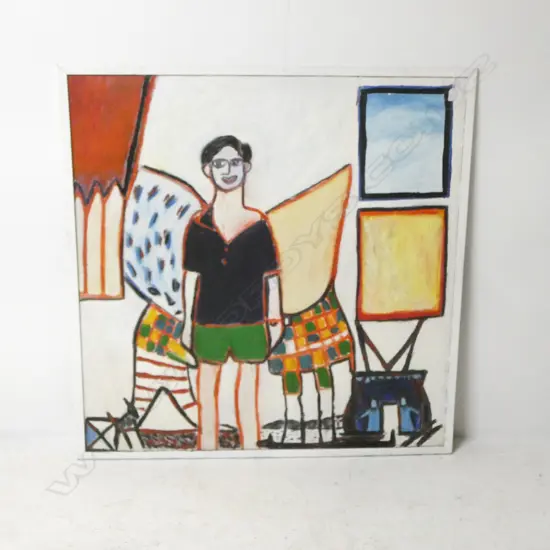 LEE FELTHAM,STANDING FIGURE IN A WHITE ROOM, ACRYLIC ON BOARD, FRAMED,1150 X 1060 MM, provenance below