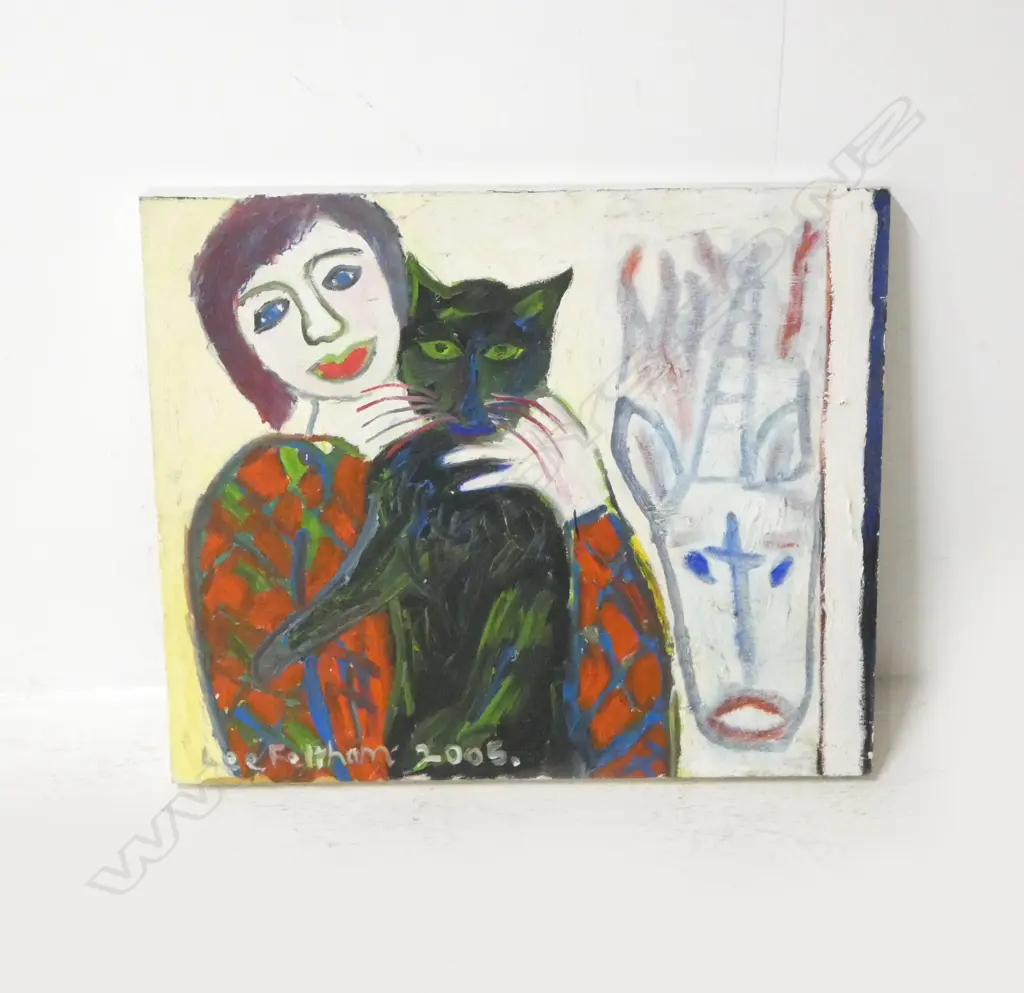 LEE FELTHAM, PORTRAIT OF THE ARTIST WITH HER CAT, ACRYLIC ON BOARD, 500 X 600MM, provenance below Image 1++