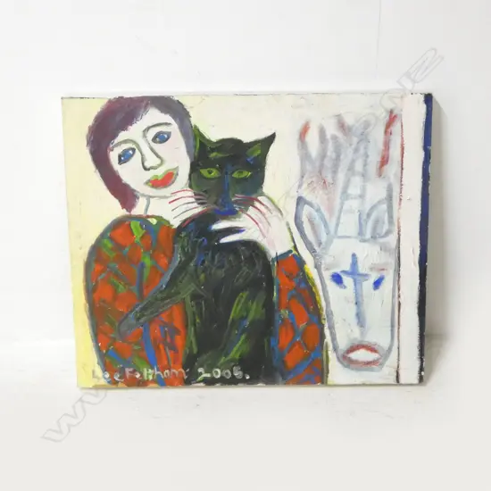 LEE FELTHAM, PORTRAIT OF THE ARTIST WITH HER CAT, ACRYLIC ON BOARD, 500 X 600MM, provenance below