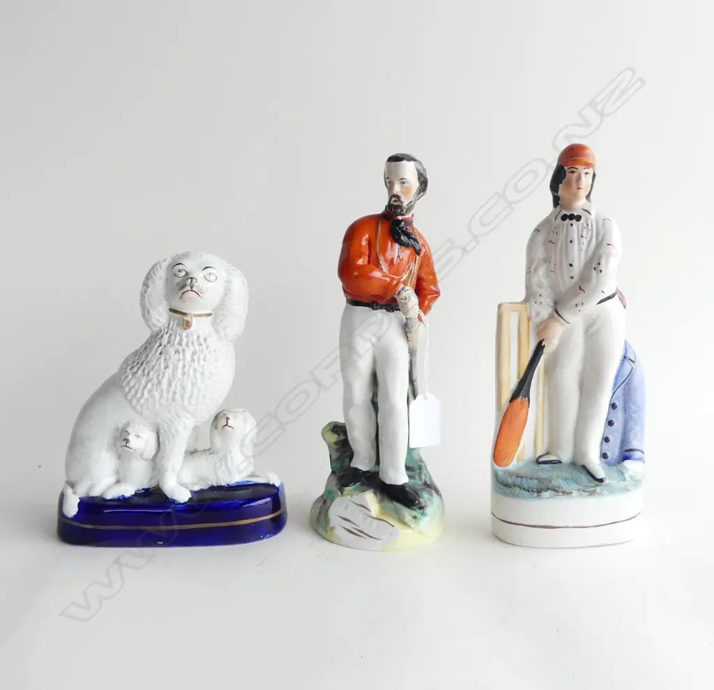3 PCES STAFFORDSHIRE; 2 FIGURES H.255mm 1 repaired + DOG H.185mm Image 1++