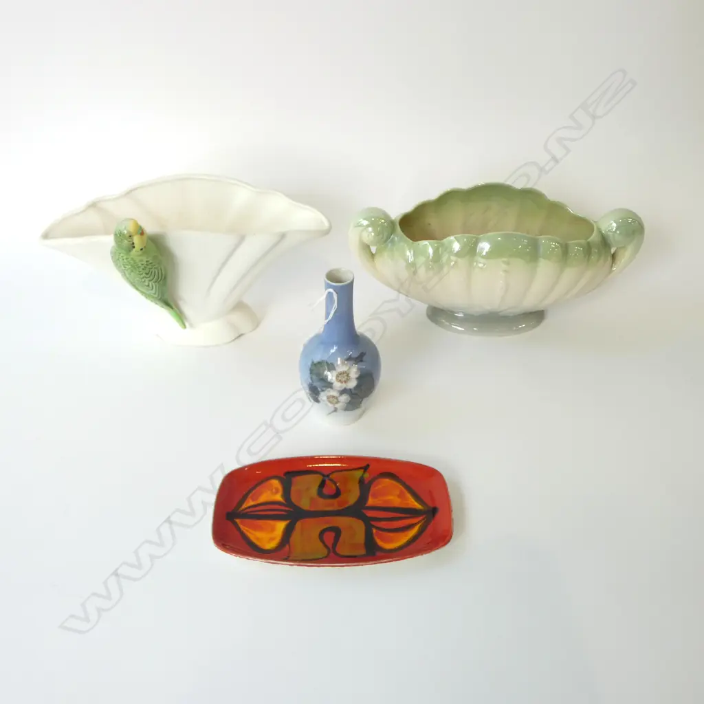 3 VASES; TITAN, FALCON (w. BUDGIE), R. COPENHAGEN + POOLE DISH W.180mm Image 1++