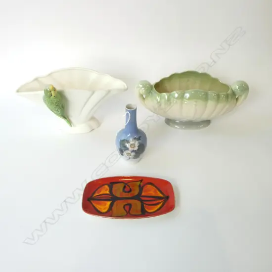 3 VASES; TITAN, FALCON (w. BUDGIE), R. COPENHAGEN + POOLE DISH W.180mm