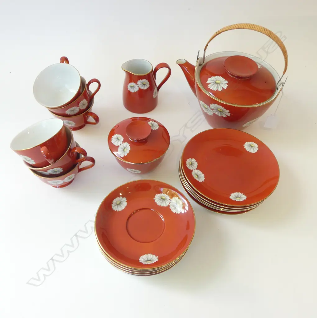 21 PCE RED NORITAKE TEA SET; 6 TRIOS, TEA POT, MILK, SUGAR Image 1++