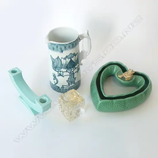 POOLE CANDLEHOLDER + SYLVAC VASE + GLASS BUD VASE + GRIMWADES JUG H.195mm