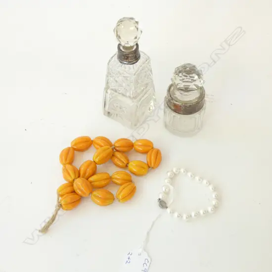 ORANGE GLASS BEAD NECKLACE, FAUX PEARL BRACELET w. STG CLASP + 2 CRYSTAL PERFUME BOTTLES w. STG TRIM