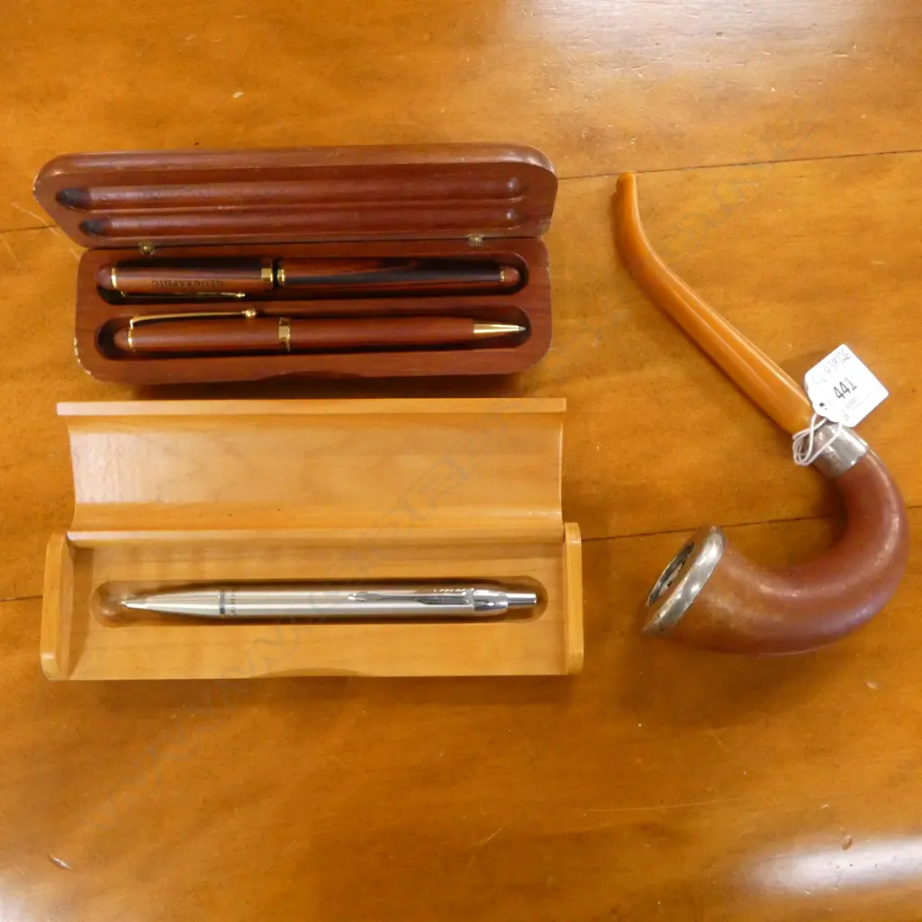 3 PENS IN 2 WOODEN CASES (1 PARKER) + PIPE w. STG SILVER TRIM Image 1++