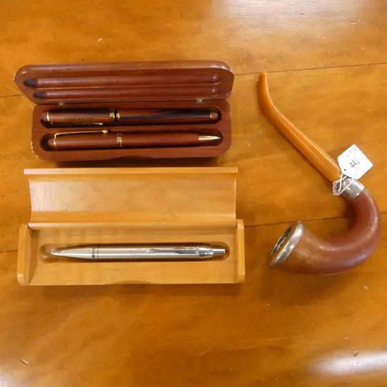 3 PENS IN 2 WOODEN CASES (1 PARKER) + PIPE w. STG SILVER TRIM