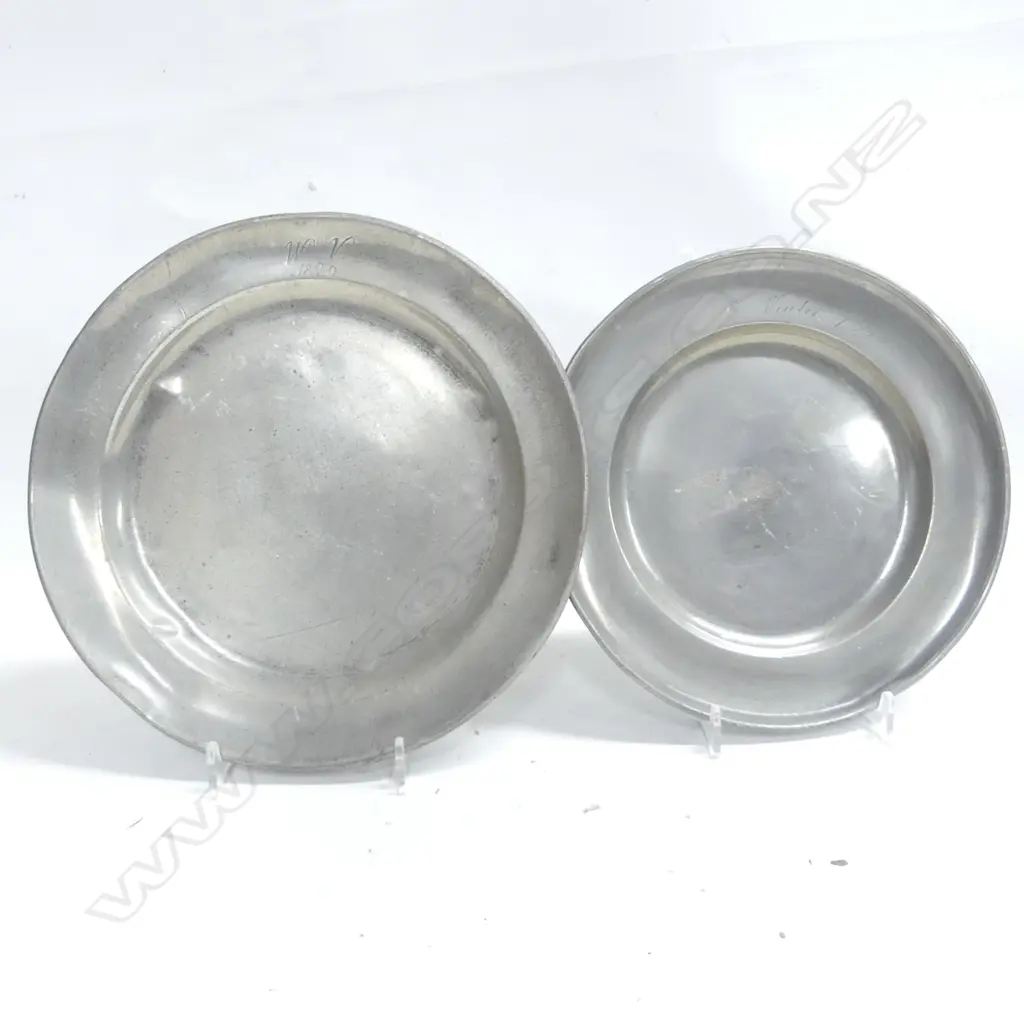 2 19thC PEWTER PLATES 'W V 1820' & 'G Winter 1845' 230mm dia. Image 1++