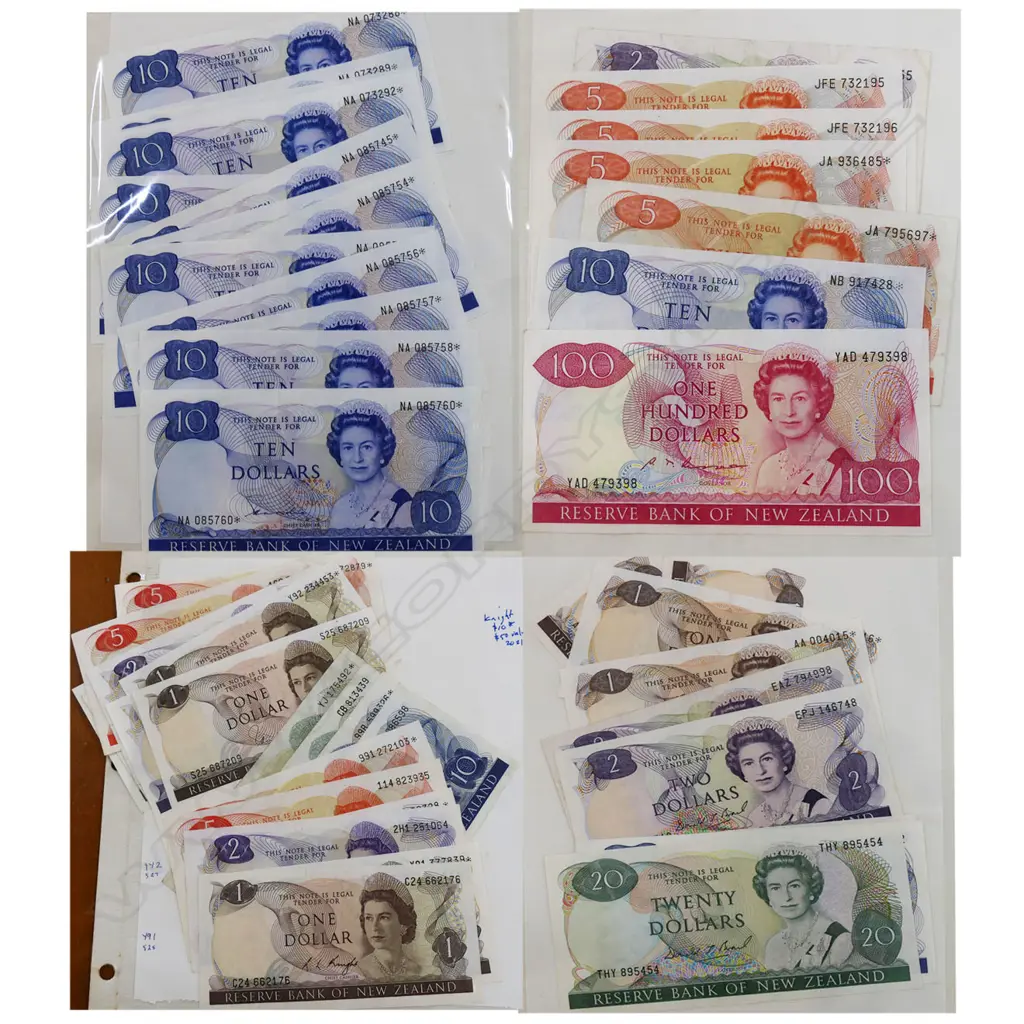 4 PAGES NZ BANK NOTES; KNIGHT, HARDIE, RUSSELL, BRASH Image 1++