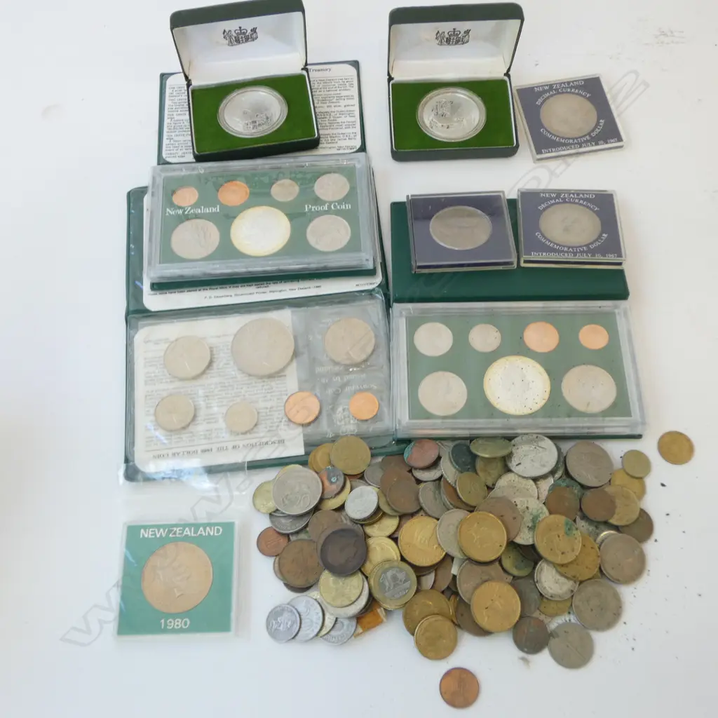 ASST. WORLD COINS INCL. 3 NZ COIN ISSUES & 2 SILVER PROOF COINS Image 1++