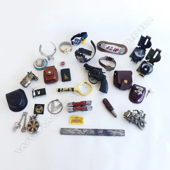 ASST. ITEMS; FASHION WATCHES, COMPASS, MAGNIFYING GLASS ETC