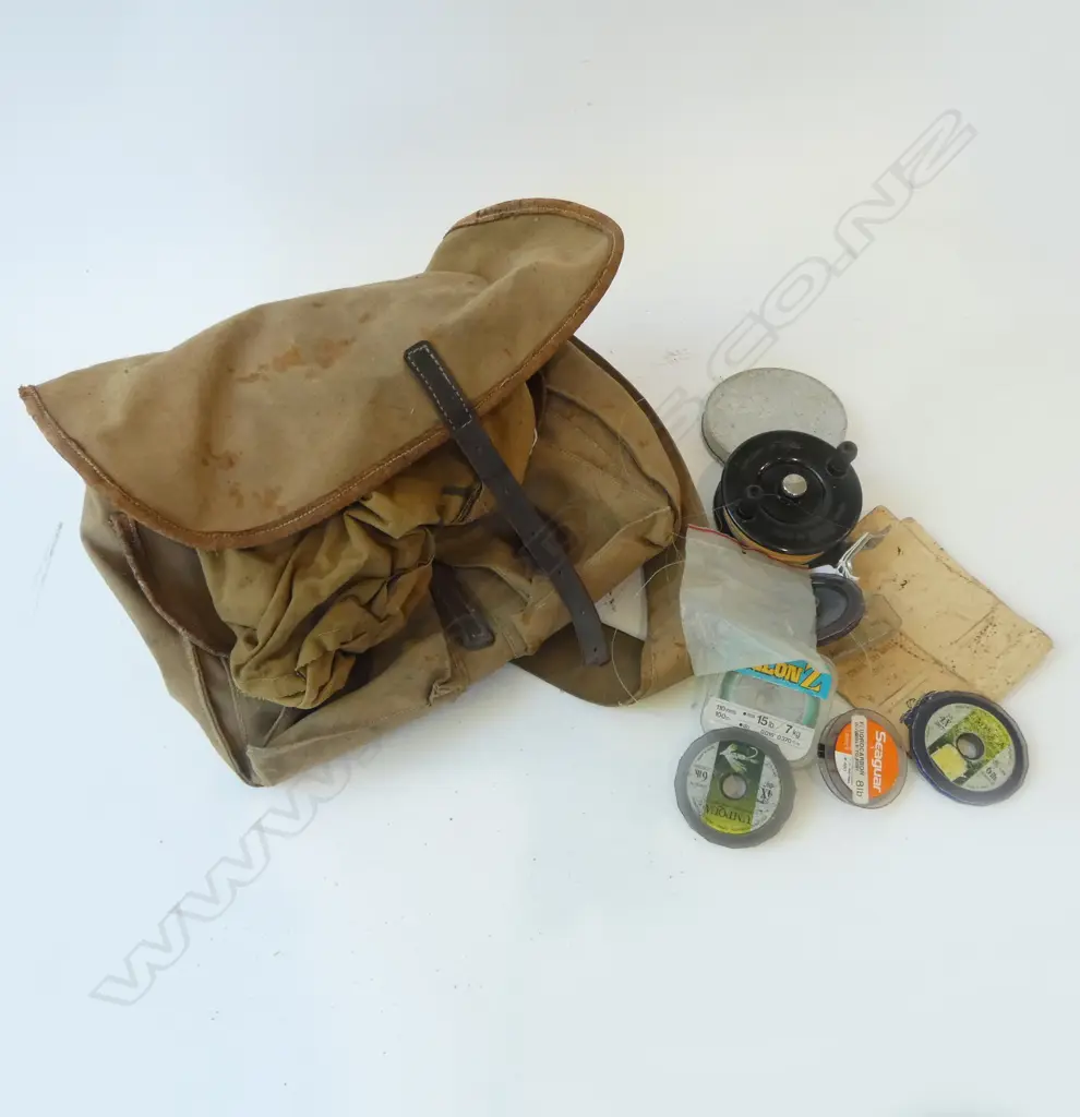 VINTAGE CANVAS TACKLE BAG & CONTENTS ALVEY REEL 355A ALLUMINIUM FLY BOX ETC Image 1++