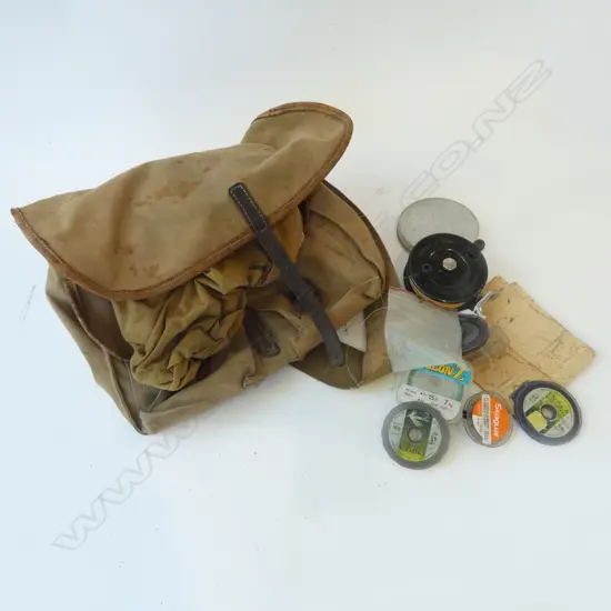 VINTAGE CANVAS TACKLE BAG & CONTENTS ALVEY REEL 355A ALLUMINIUM FLY BOX ETC