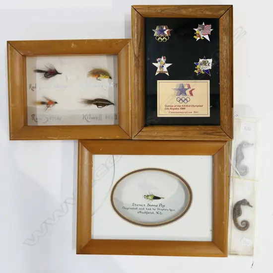 4 ITEMS; 2 FRAMED FISHING FLIES, 4 1984 OLYMPICS BADGES (FRAMED), 2 DRIED SEAHORSES BOXED
