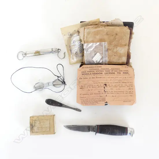 VINTAGE LEATHER FLY WALLET L130 & 5 FISHING COLLECTABLES